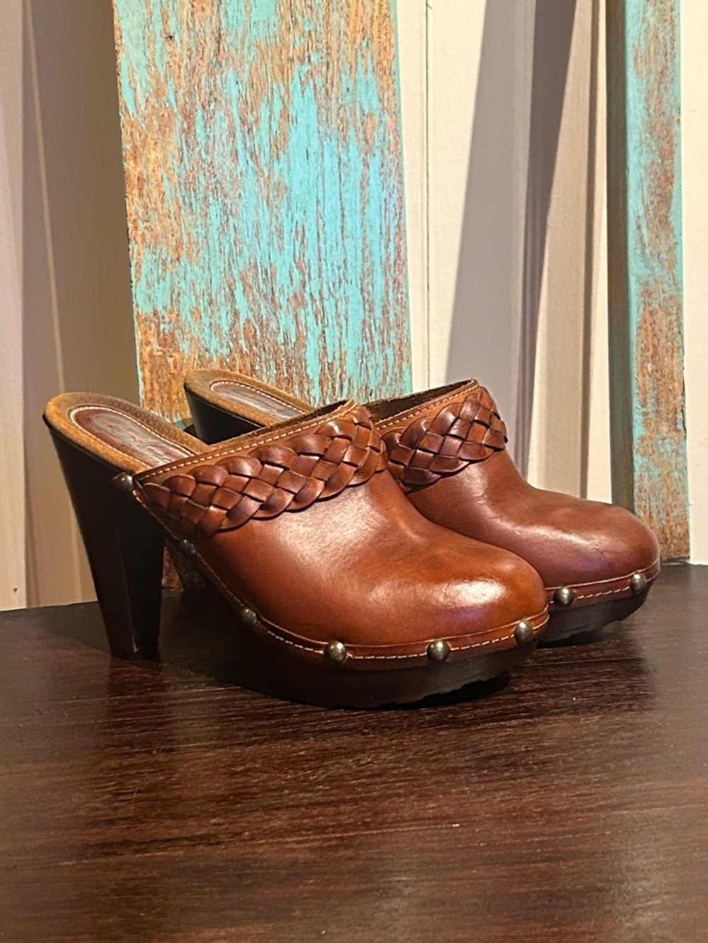 Sbicca Cognac Leather Studded Platform Heels
